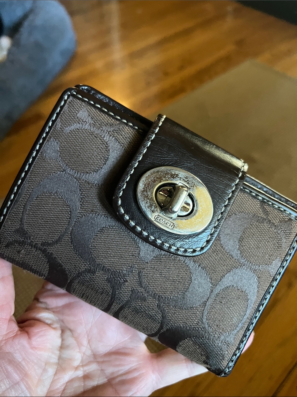 Coach Brown Signature Turn-Lock Compact Wallet with Silver Hardware